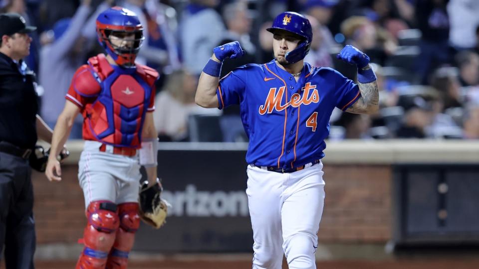 New York Mets catcher Francisco Alvarez (4) reacts after hitting a two run home run against the Philadelphia Phillies during the second inning at Citi Field