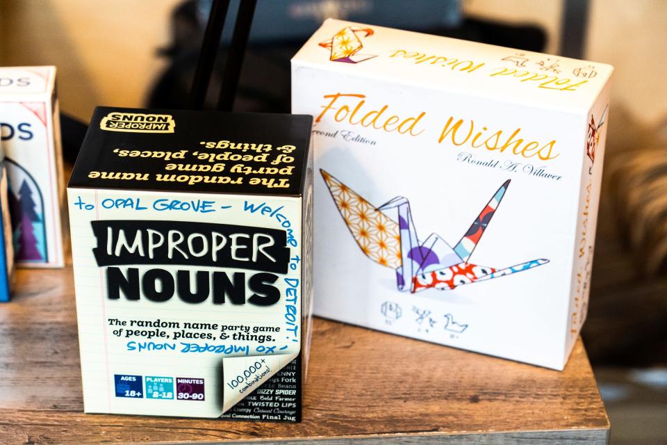 Improper Nouns and Folded wishes games are shown as  gift items for holiday shoppers at the space for Opal Grove Games in the Downtown Detroit Markets located at Cadillac Square in downtown Detroit on Wednesday, November 30, 2022.