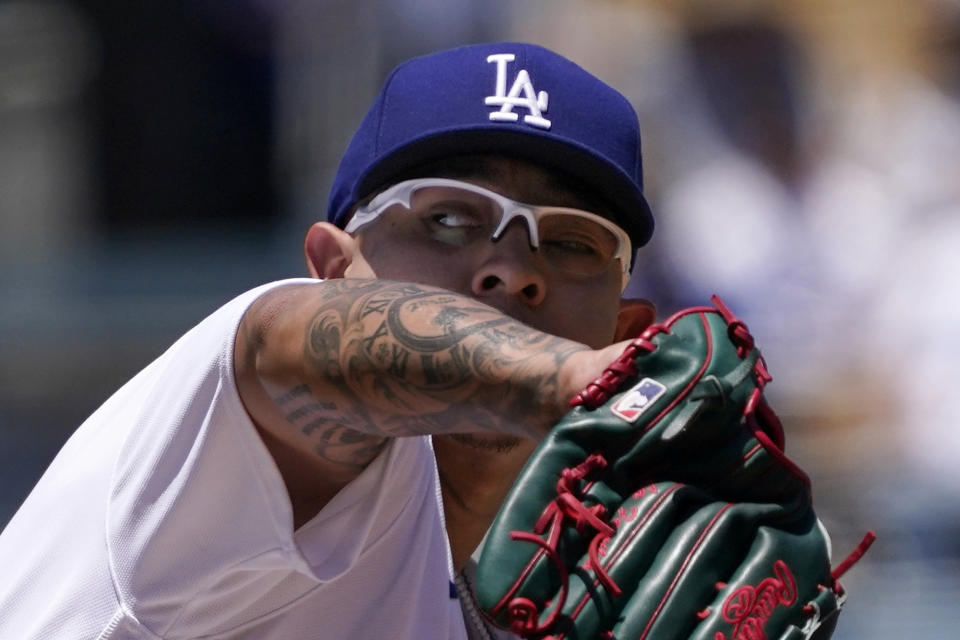 Los Angeles Dodgers starting pitcher Julio Urias throws to the plate during the first inning of a baseball game against the New York Mets Sunday, June 5, 2022, in Los Angeles. (AP Photo/Mark J. Terrill)