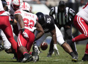 Colorado defensive lineman Bishop Thomas, back, recovers a fumble by Nebraska running back Gabe Ervin Jr. in the second half of an NCAA college football game Saturday, Sept. 9, 2023, in Boulder, Colo. (AP Photo/David Zalubowski)