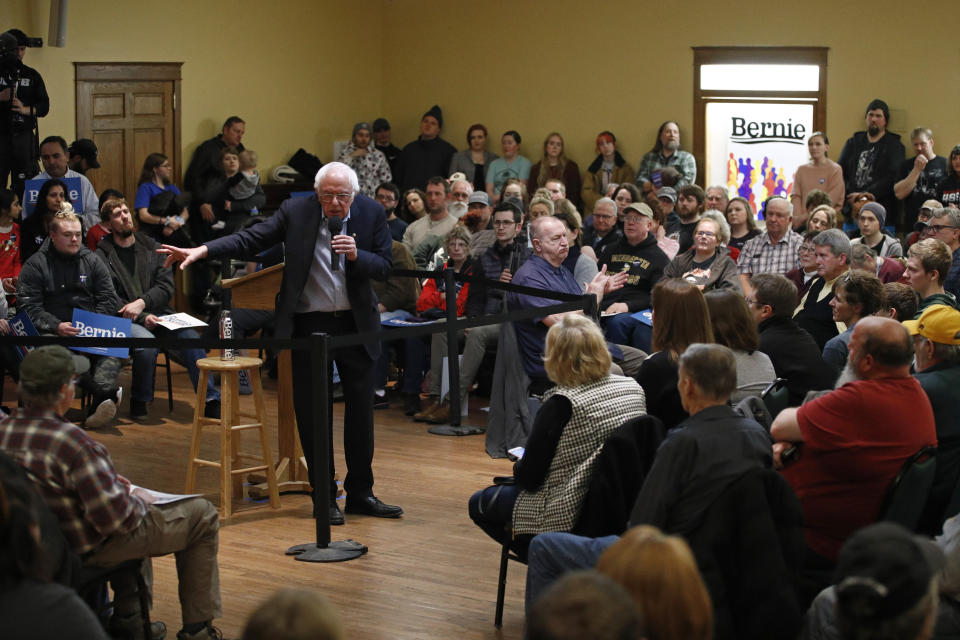 Democratic presidential candidate Sen. Bernie Sanders, I-Vt., speaks during a campaign event, Saturday, Jan. 4, 2020, in Mason City, Iowa. (AP Photo/Patrick Semansky)