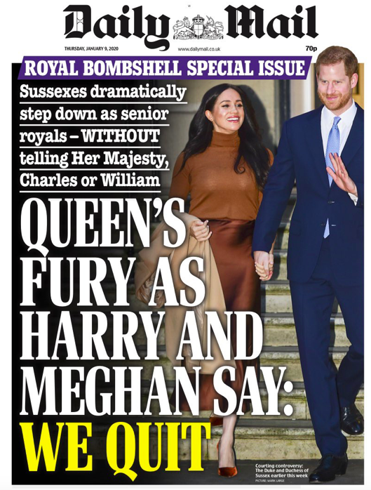 The Daily Mail - whose sister publication the Mail on Sunday is also being sued by the couple - devoted its first 17 pages to the 'astonishing statement' by the 'rogue royals'. In its main editorial, the Mail said Harry had pressed the 'nuclear button' on his royal career.