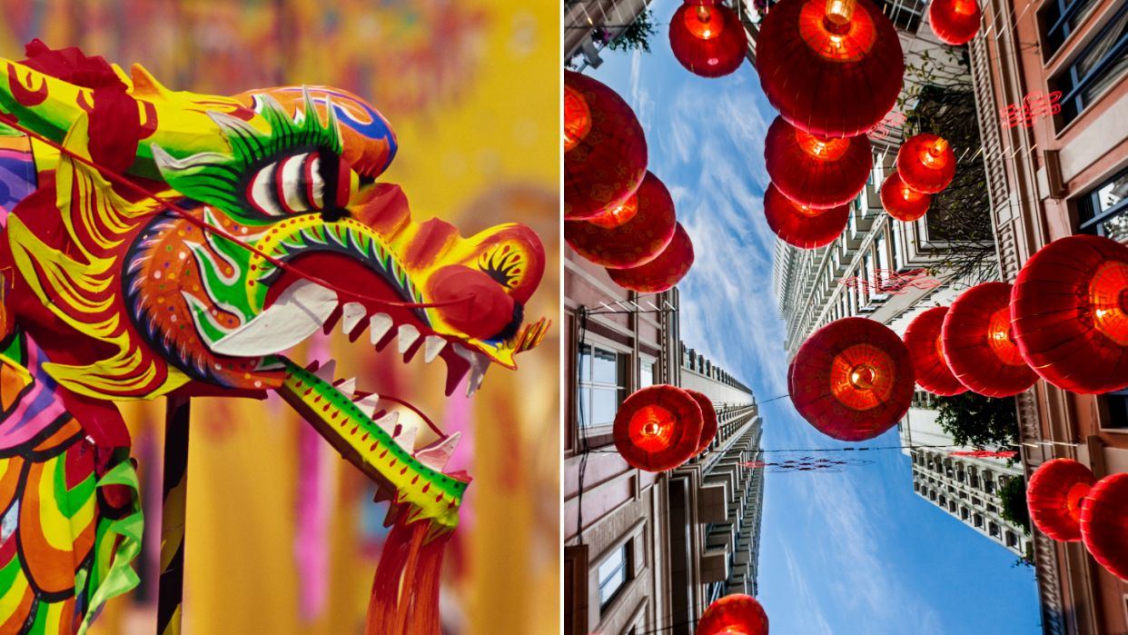 Dragon and lantern decorations for Chinese New Year to depict the zodiac animal signs for 2024.