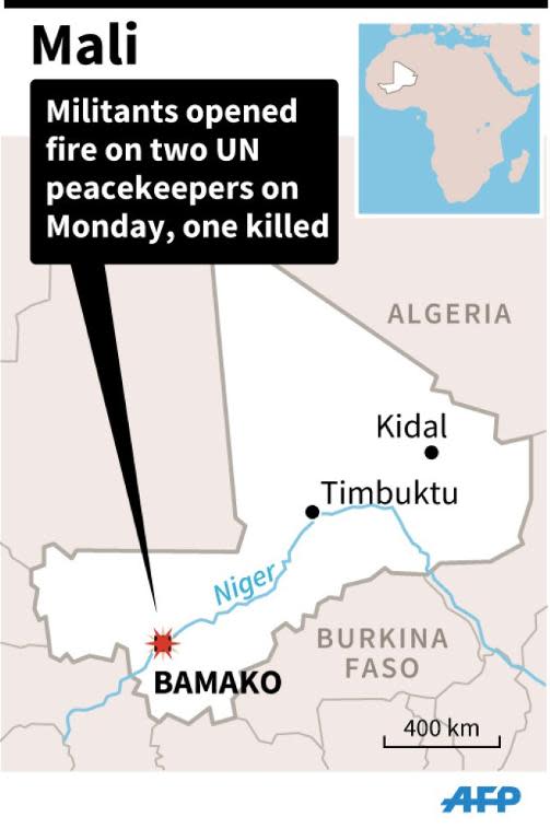 Map of Mali locating Bamako where militants killed a UN peacekeeper on Monday