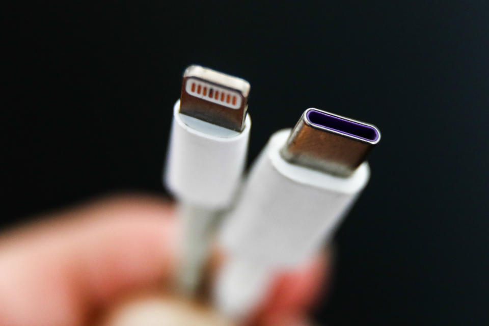 Lightning and USB-C cables are seen in this illustration photo taken in Krakow, Poland on September 25, 2021. (Photo by Jakub Porzycki/NurPhoto via Getty Images)