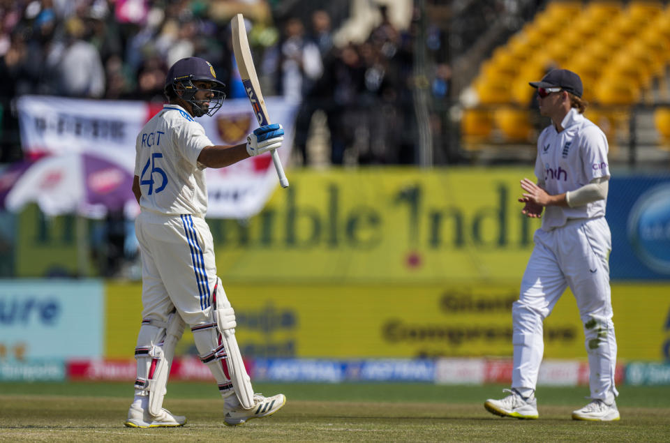 India's captain Rohit Sharma celebrates his hundred runs on the second day of the fifth and final test match between England and India in Dharamshala, India, Friday, March 8, 2024. (AP Photo/Ashwini Bhatia)