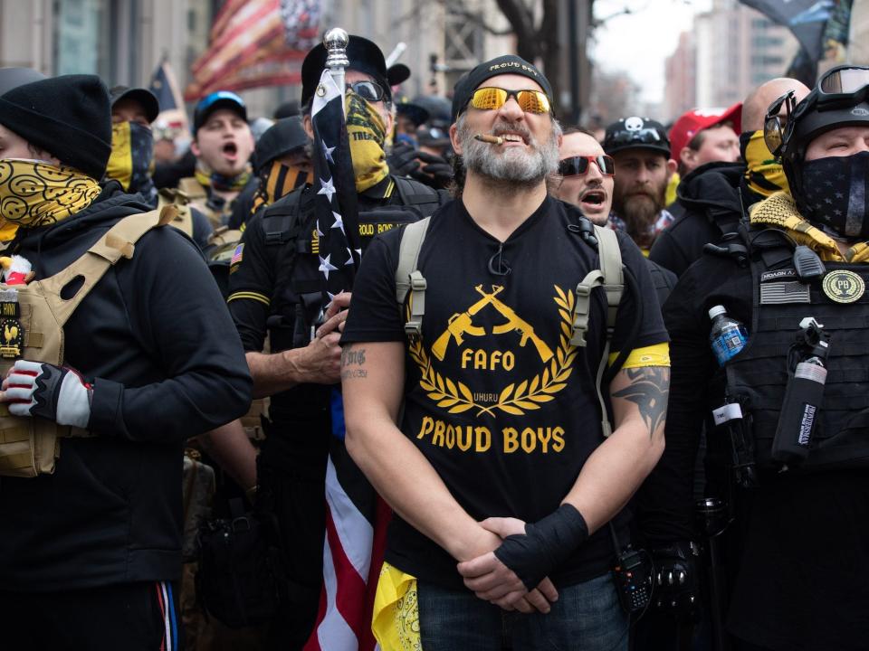 Proud Boys march in support of former President Donald Trump in Washington, DC on December 12, 2020.
