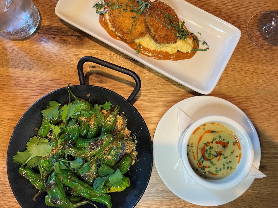 Clockwise from top: fried green tomatoes, fire-roasted poblano and corn soup, and blistered shishito peppers at Tupelo Honey, the new Southern restaurant in downtown Des Moines.