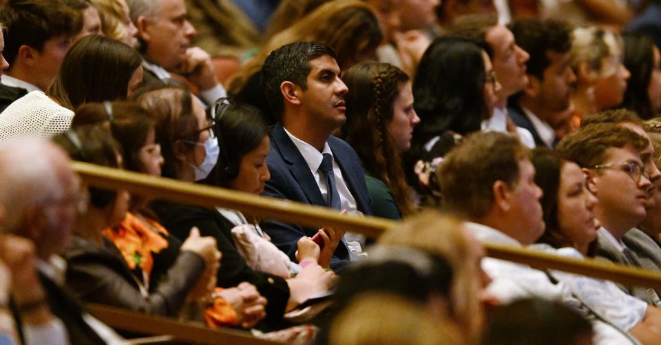 Crowd members listen during the Saturday evening session of the 193rd Semiannual General Conference of The Church of Jesus Christ of Latter-day Saints at the Conference Center in Salt Lake City on Saturday, Sept. 30, 2023. | Scott G Winterton, Deseret News
