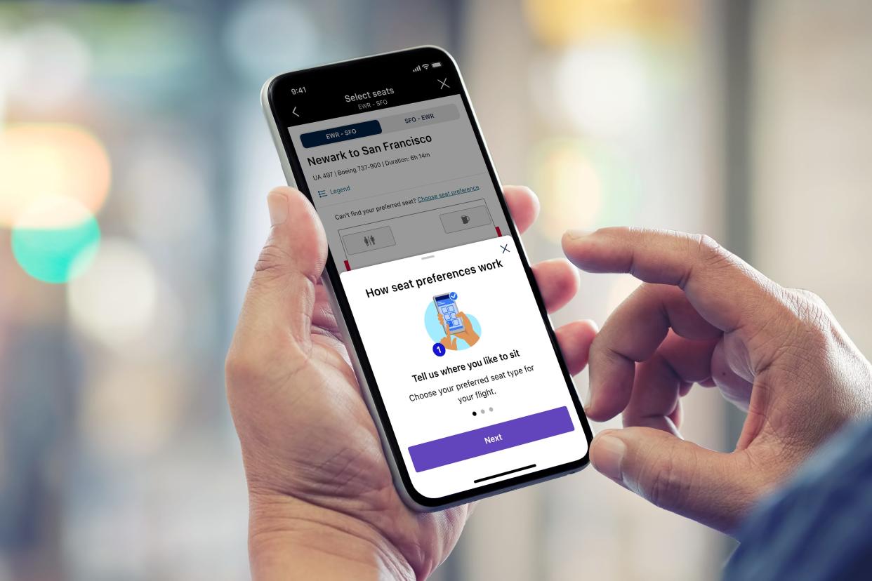 Preview of United Airlines' seat preference alert feature.