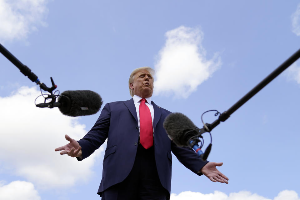 President Donald Trump speaks to reporters before boarding Air Force One for a trip to Jupiter, Fla., to speak about the environment, Tuesday, Sept. 8, 2020, at Andrews Air Force Base, Md. He will also travel to a campaign rally in North Carolina. (AP Photo/Evan Vucci)
