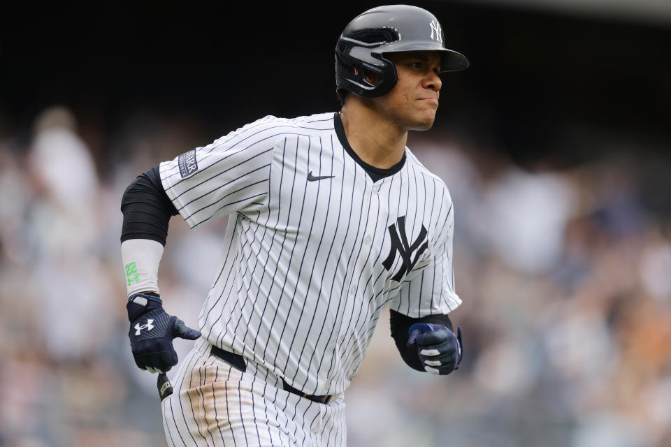 NEW YORK, NEW YORK - MAY 18: Juan Soto #22 of the New York Yankees reacts after hitting a home run in the fifth inning against the Chicago White Sox at Yankee Stadium on May 18, 2024 in New York City.  The New York Yankees defeated the Chicago White Sox 6-1.  (Photo by Mike Stobe/Getty Images)