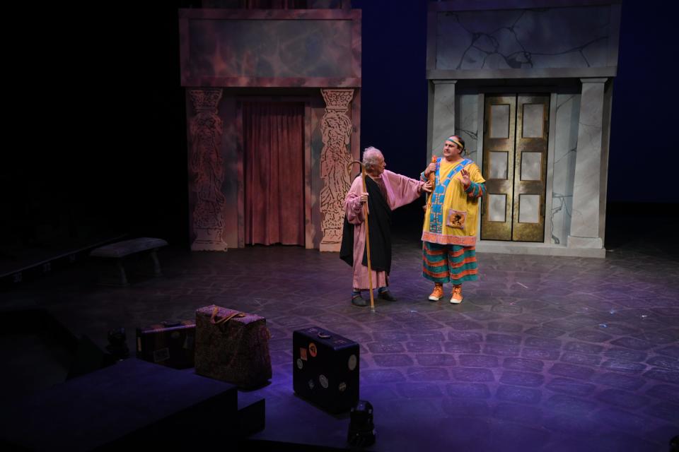 Rohn Thomas as Erronious and Tim Culver as Hysterium in "A Funny Thing Happened on the Way to the Forum" at Porthouse Theatre.