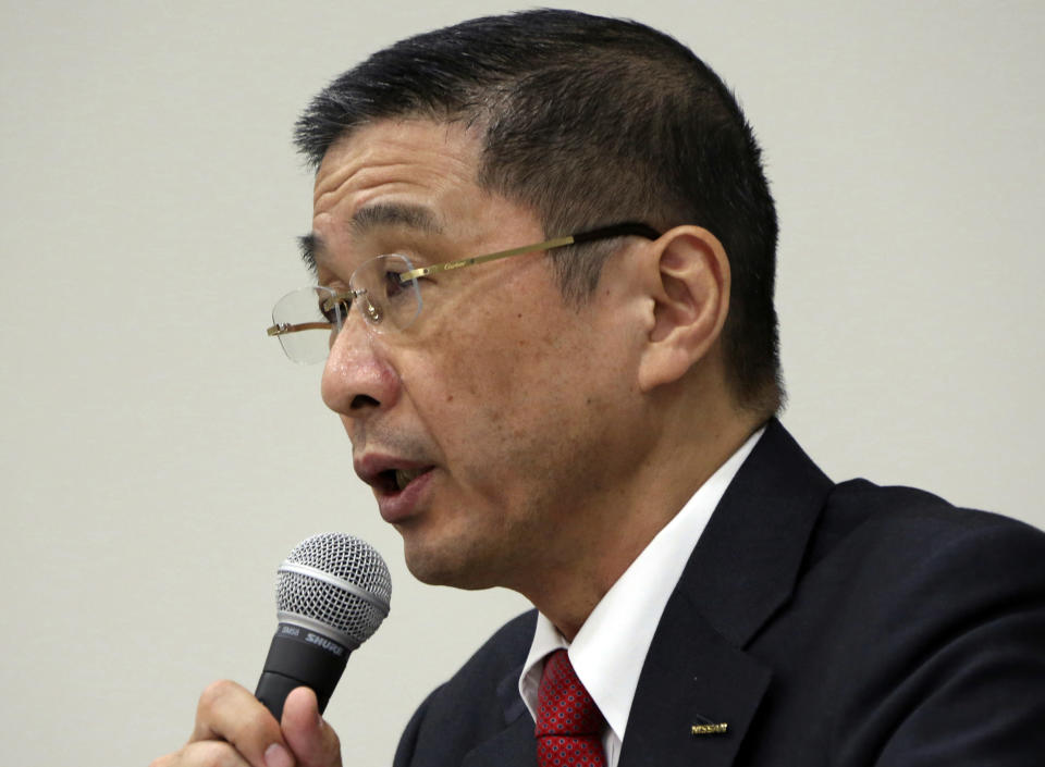 Nissan Motor Co. Chief Executive Hiroto Saikawa speaks during a press conference in Yokohama, near Tokyo Monday, Dec. 17, 2018. Nissan's board met Monday but failed to pick a new chairman to replace Carlos Ghosn, arrested last month on charges of violating financial regulations, saying more discussion was needed. (AP Photo/Koji Sasahara)