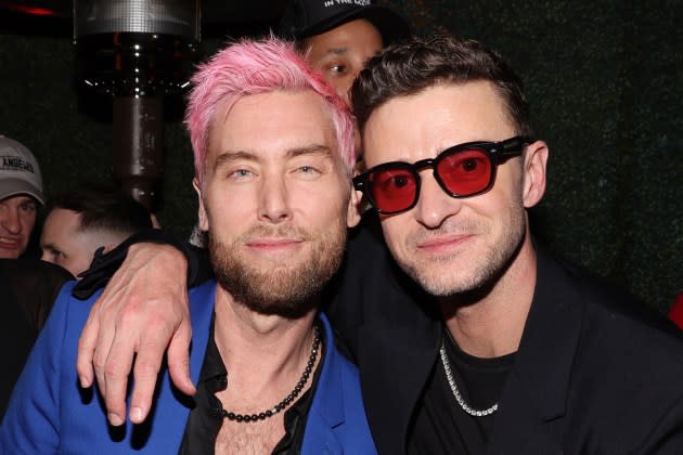 Lance Bass and Justin Timberlake attend 'EVERYTHING I THOUGHT IT WAS' Album Release Party on March 14, 2024. - Credit: Jerritt Clark/Getty Images