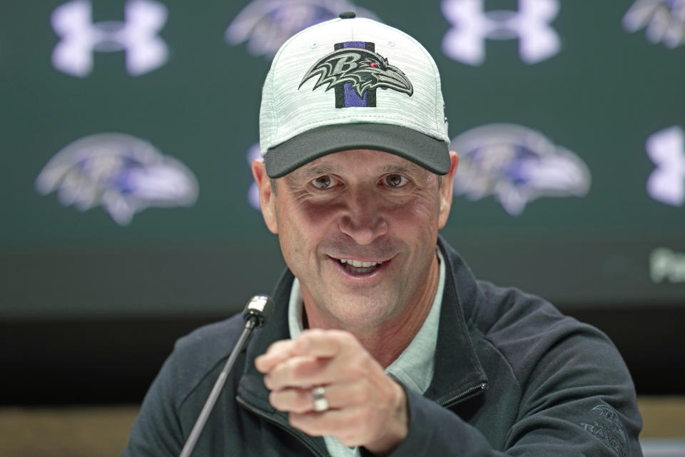 Baltimore Ravens head coach John Harbaugh attends a press conference after the NFL practice session in London, Wednesday, Oct. 11, 2023 ahead the NFL game against Tennessee Titans at the Tottenham Hotspur Stadium on Sunday. (AP Photo/Kin Cheung)