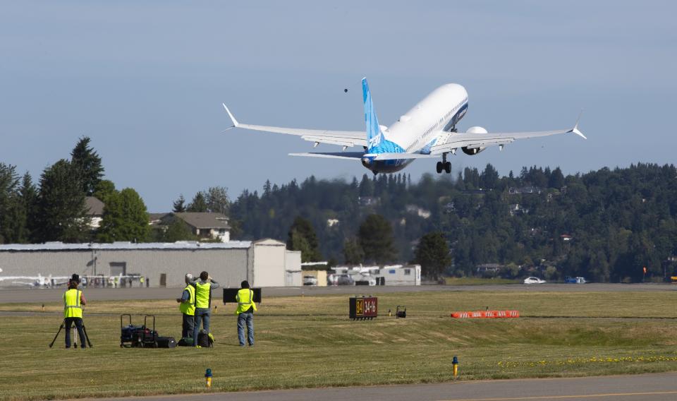 The final version of the 737 MAX, the MAX 10, takes off from Renton Airport in Renton, WA on its first flight Friday, June 18, 2021. The plane will fly over Eastern Washington and then land at Boeing Field (Ellen M. Banner/The Seattle Times via AP, Pool)