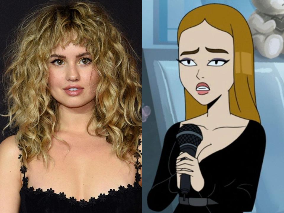 On the left: Debby Ryan in September 2021. On the right: The character Krista on the animated series “Velma.”
