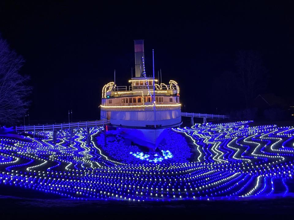 The steamboat Ticonderoga is illuminated Dec. 29, 2022 for the "Winter Lights" display at the Shelburne Museum.