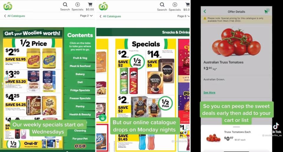 Screenshots from Woolworths' TikTok video that show photos of a catalogue and instructions for add them to your shopping list