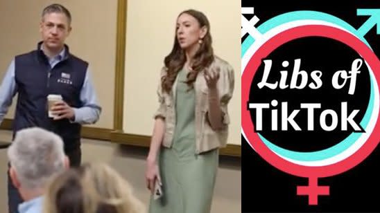 Libs of TikTok founder Chaya Raichik and Republican Representative Jim Banks during a speech at Indiana University 