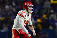 Kansas City Chiefs quarterback Patrick Mahomes (15) reacts after beating the Buffalo Bills in an NFL AFC division playoff football game, Sunday, Jan. 21, 2024, in Orchard Park, N.Y. (AP Photo/Adrian Kraus)