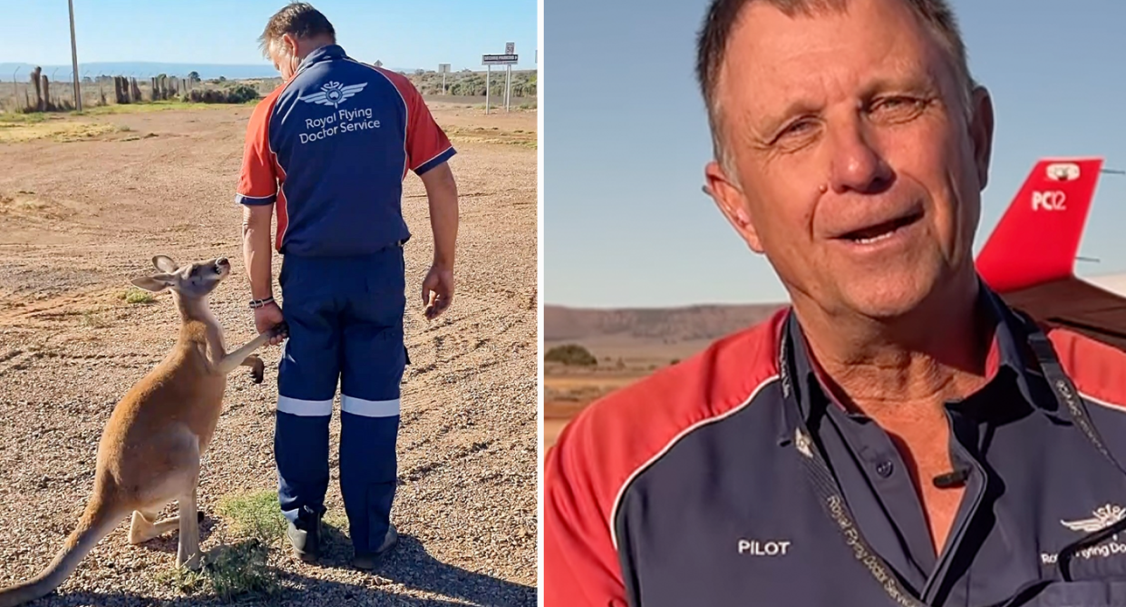 Royal Flying Doctor Service pilot Mick Young pictured. Young was catapulted into the spotlight over an image of him holding hands with a kangaroo. 