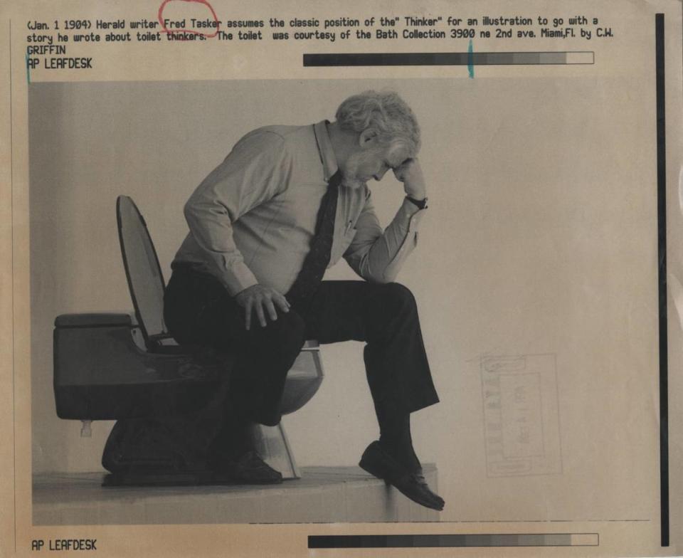 Fred Tasker assumes the classic position of the “Thinker” for an illustration to go with a Jan. 1, 1994, story he wrote for the Miami Herald about toilet thinkers. The toilet was courtesy of the Bath Collection in Miami. 