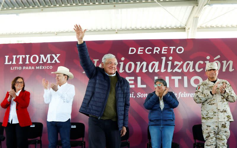 FILE PHOTO: Mexico's President Andres Manuel Lopez Obrador signs a decree for the nationalization of lithium, in Bacadehuachi