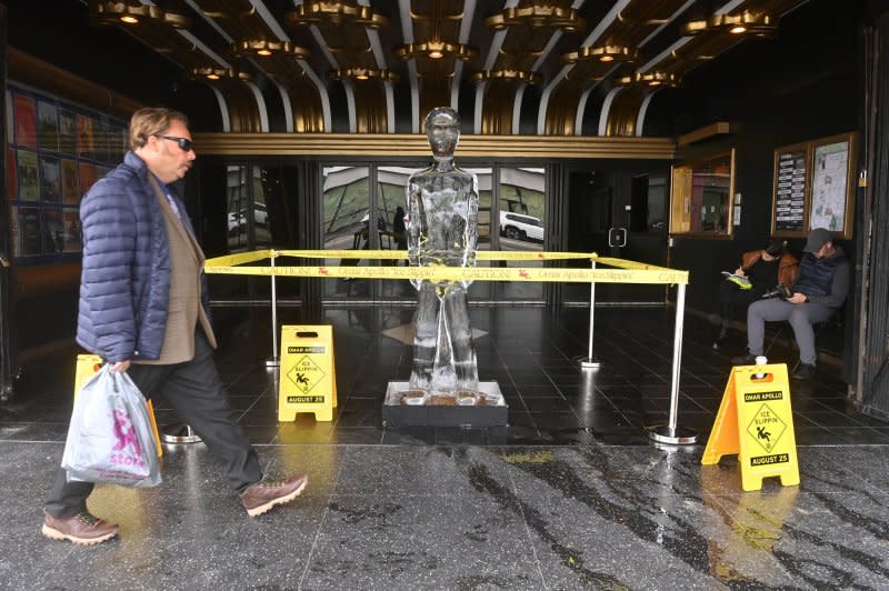 An ice sculpture at the Henry Fonda Theater in Los Angeles is exposed to the wet conditions left across southern California on Monday in the wake of what was Tropical Storm Hilary. Photo by Jim Ruymen/UPI