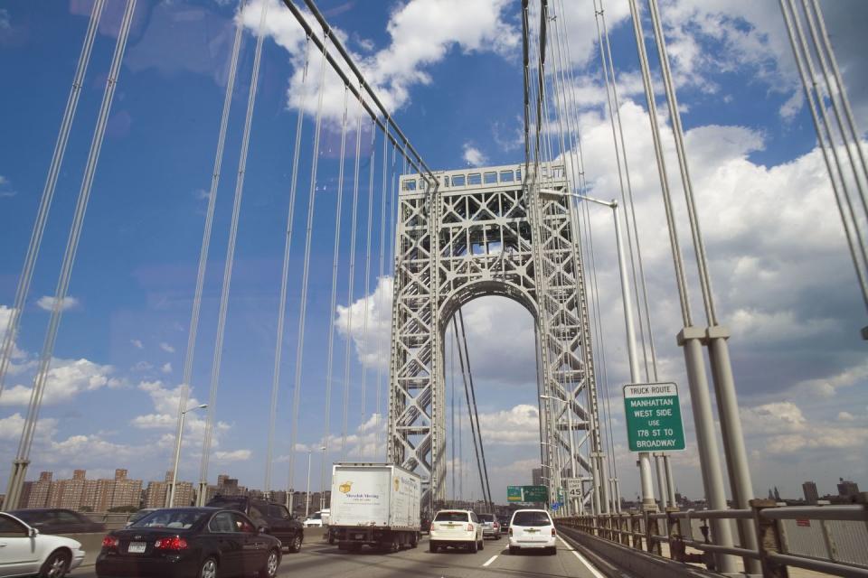 <p>Maximum passenger-car fee: $15.00</p><p>Type: Interstate Bridge<br>Between: Fort Lee, New Jersey, and Upper Manhattan, New York<br>Length: 1.88 miles</p><p>Fun fact: When it opened in 1931, the stately George Washington Bridge consisted solely of an upper road deck with six lanes dedicated to traffic. Increased traffic led to the paving of two additional lanes down the center of the bridge in 1946; yet more demand spurred the opening of a lower bridge deck with another six lanes in 1962.</p>