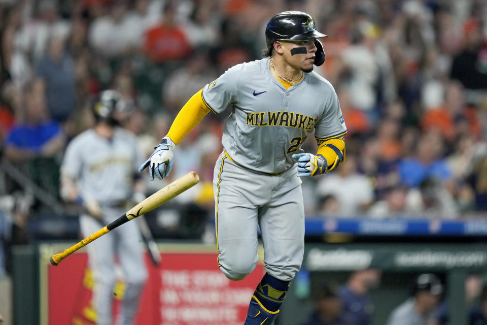 Milwaukee Brewers' William Contreras rounds the bases after hitting a three-run home run against the Houston Astros during the fifth inning of a baseball game Saturday, May 18, 2024, in Houston. (AP Photo/Eric Christian Smith)