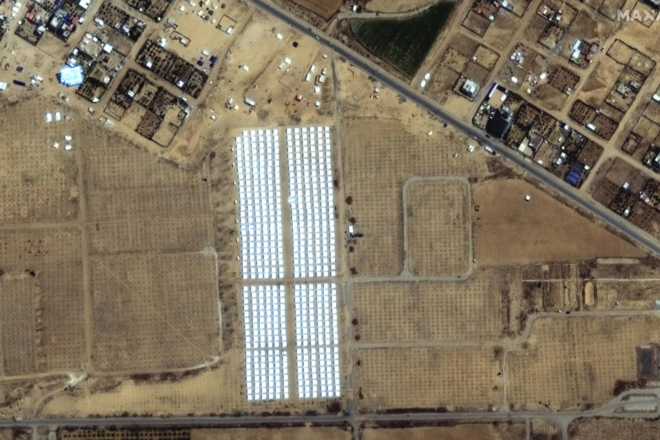 This image provided by Maxar Technologies, shows a rows of tents built near Khan Younis in Gaza on April 23, 2024. (Satellite image ©2024 Maxar Technologies via AP)