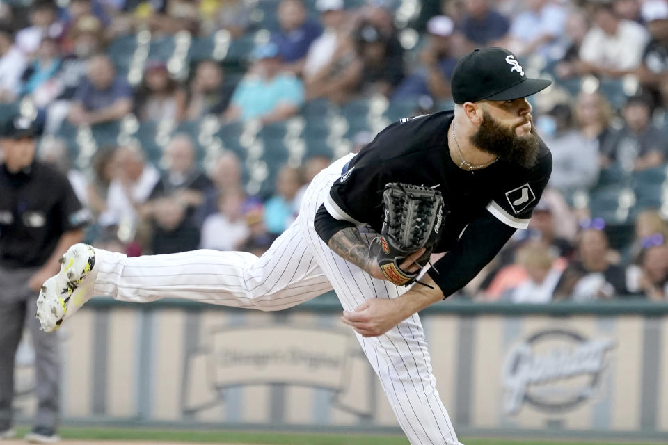 Chicago White Sox starting pitcher Dallas Keuchel follows through during the first inning of a baseball game against the Kansas City Royals Thursday, Aug. 5, 2021, in Chicago. (AP Photo/Charles Rex Arbogast)