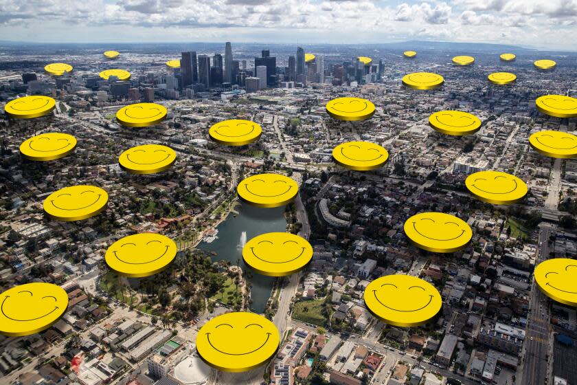 photo illustration of several yellow smiley faces hovering over an aerial photo of Los Angeles