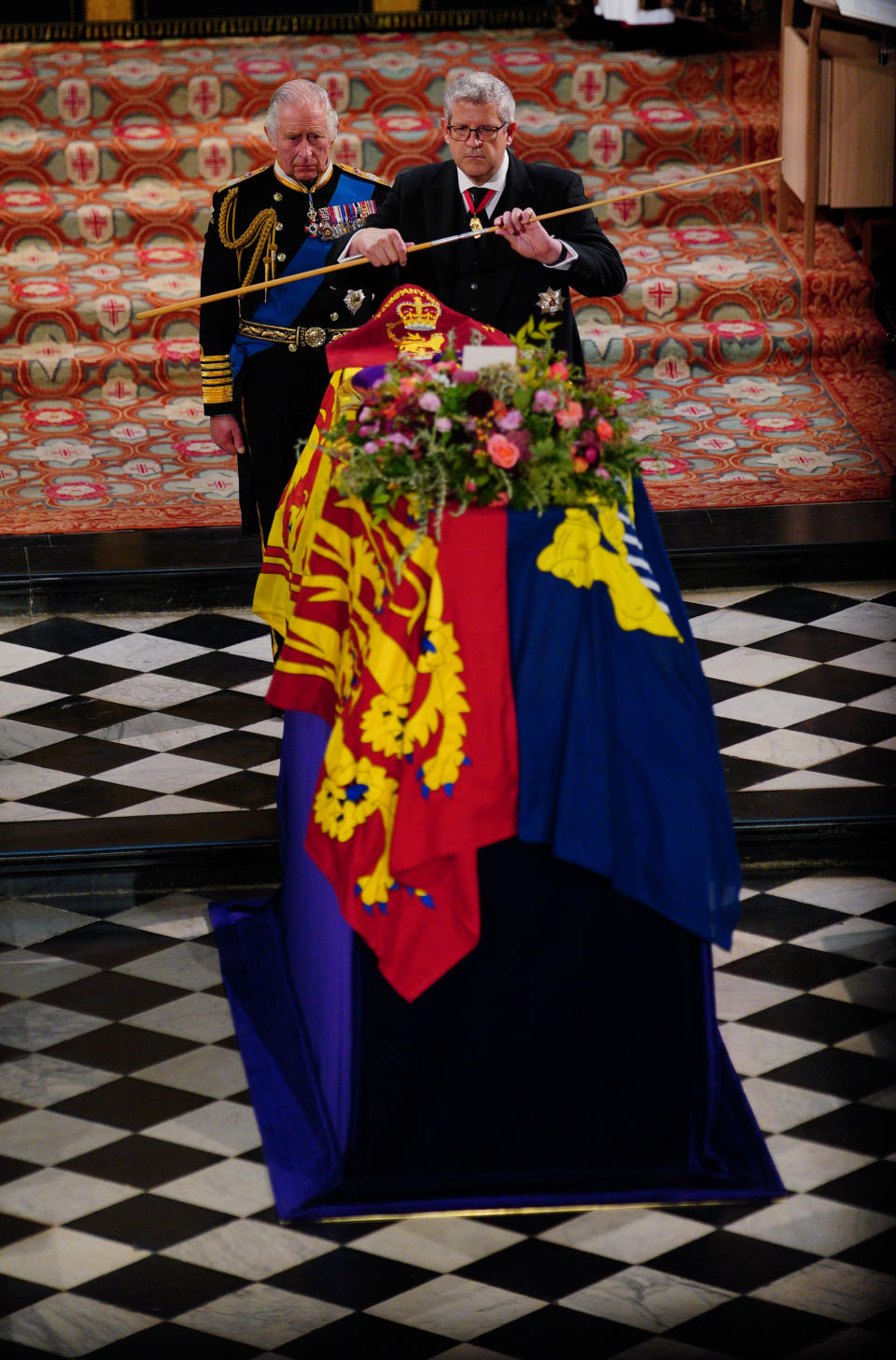 King Charles III watches as the Lord Chamberlain breaks his Wand of Office at the Committal Service for Queen Elizabeth II held at St George's Chapel in Windsor Castle, Berkshire. Picture date: Monday September 19, 2022.