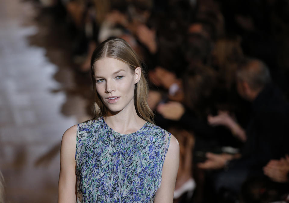 A model wears a creation for British fashion designer Stella McCartney's ready to wear Spring-Summer 2013 collection, presented in Paris, Monday, Oct.1, 2012. (AP Photo/Francois Mori)