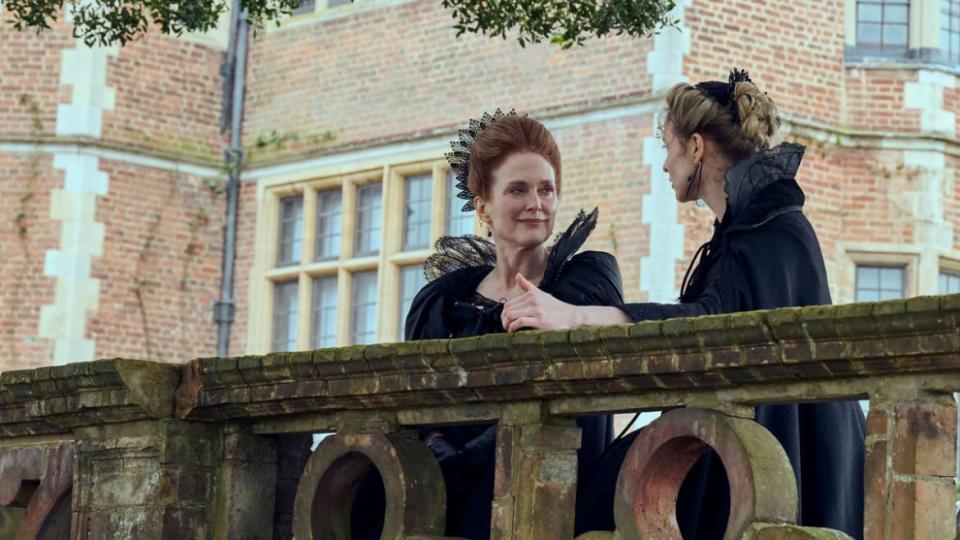 Julianna Moore and Niamh Algar talk outside in a still from ‘George and Mary’