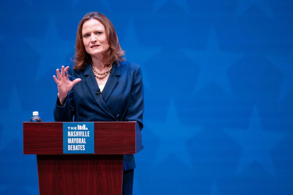 Alice Rolli speaks during a mayoral debate at the Fisher Center for the Performing Arts in Nashville, Tenn., Thursday, Aug. 24, 2023. Metro Council Member Freddie O’Connell and former state official and businesswoman Alice Rolli will face each other in a Sept. 14 runoff election.