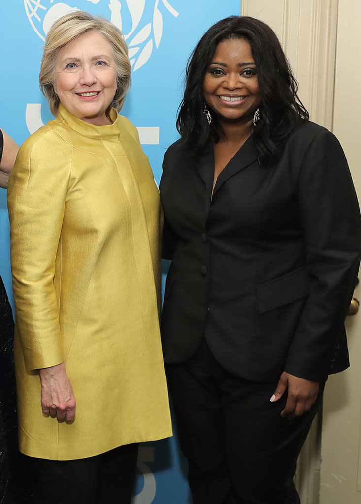 <p><em>Hidden Figures</em> star Octavia Spencer got some love from the <em>What Happened</em> author at the UNICEF Snowflake Ball. While Spencer doesn’t look embarrassed here, the actress later told Stephen Colbert on <em>The Late Show</em> that their meeting was <a rel="nofollow" href="https://www.yahoo.com/tv/octavia-spencers-awkward-encounter-with-hillary-clinton-075023731.html" data-ylk="slk:somewhat awkward;elm:context_link;itc:0;sec:content-canvas;outcm:mb_qualified_link;_E:mb_qualified_link;ct:story;" class="link  yahoo-link">somewhat awkward</a> on her part. (Photo: Neilson Barnard/Getty Images for UNICEF) </p>