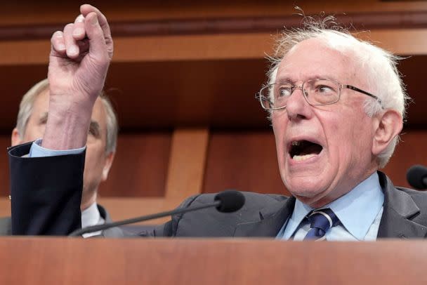 PHOTO: Sen. Bernie Sanders, I-Vt., speaks during a news conference on the debt limit, May 18, 2023, on Capitol Hill in Washington. (Mariam Zuhaib/AP)