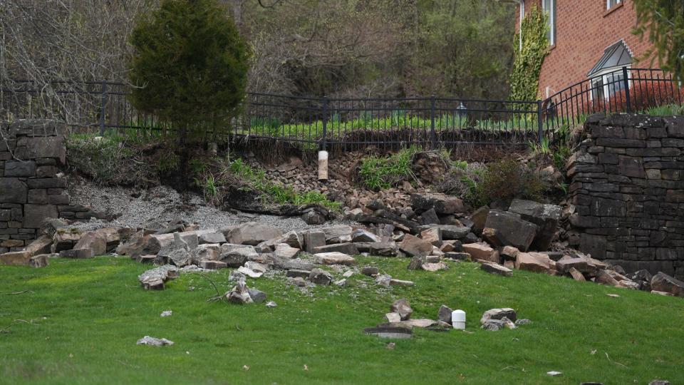 Oldwick, NJ -- April 5, 2024 -- The epicenter of a 4.8 earthquake was located in Hunterdon County. Here is the retaining wall of a home that was reported to fall following the earthquake.