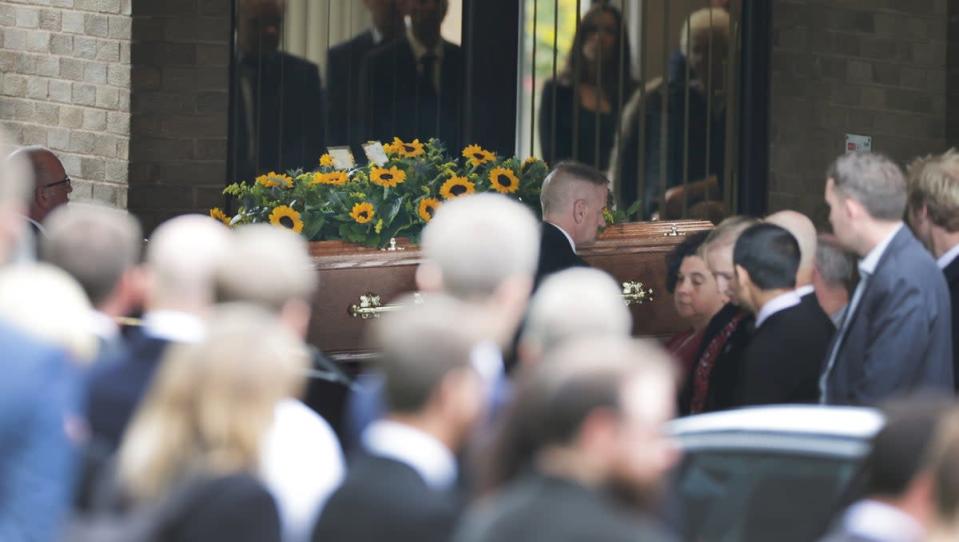 The coffin of Rab Wardell arriving at Dunfermline Crematorium. (Steve Welsh/PA)