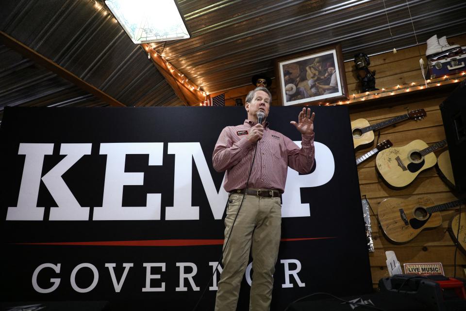 Georgia Republican Gov. Brian Kemp speaks at a campaign event in Ringgold, Georgia on November 6, 2022.