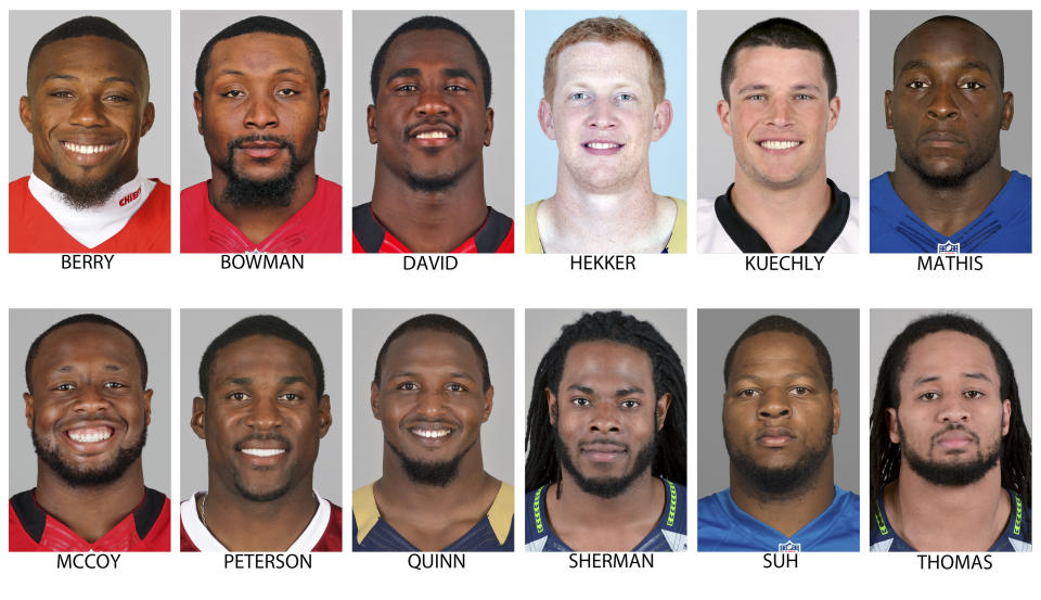 FILE - These 2013 file photos show members of The Associated Press 2013 NFL All-Pro team defense, selected Friday, Jan. 3, 2014. Top row from left are Eric Berry, Kansas City; NaVorro Bowman, San Francisco; Lavonte David, Tampa Bay; Johnny Hekker, St. Louis; Luke Kuechly, Carolina and Robert Mathis, Indianapolis. Bottom row from left are Gerald McCoy, Philadelphia; Patrick Peterson, Arizona; Robert Quinn, St. Louis; Richard Sherman, Seattle; Ndamukong Suh, Detroit and Earl Thomas, Seattle. (AP Photo/File)