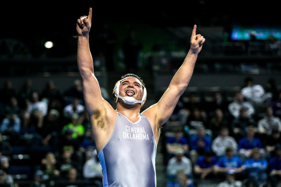 UCO's Shawn Streck celebrates after his match at 285 pounds in the finals during the NCAA Division II Wrestling Championships on March 11 at Alliant Energy PowerHouse in Cedar Rapids, Iowa.