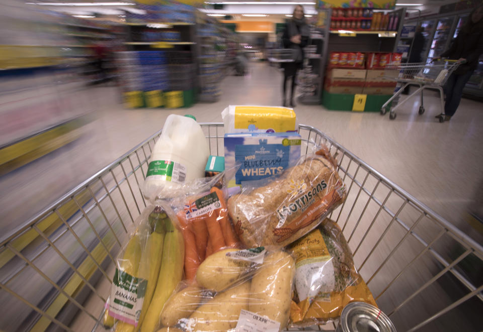 Food in a trolley at Morrisons supermarket. Photo: Jon Super/PA Wire