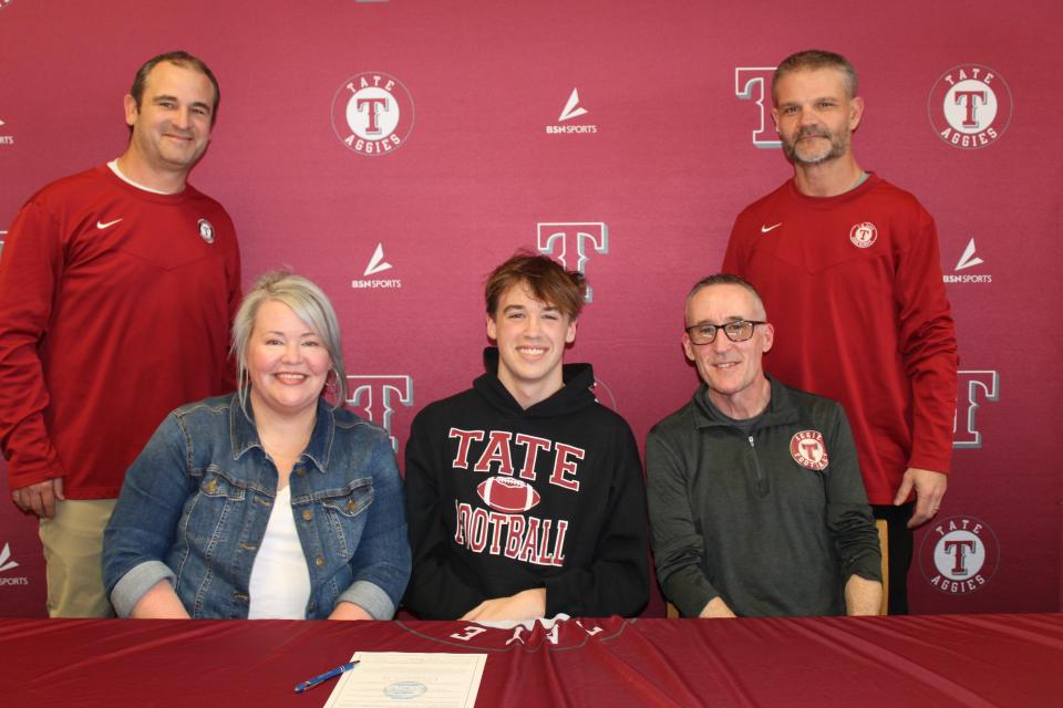 Tate's Clayton Philley (seated, middle) signed with Division III's Birmingham-Southern College. He will now have to find a new college home after BSC announced it's closing.