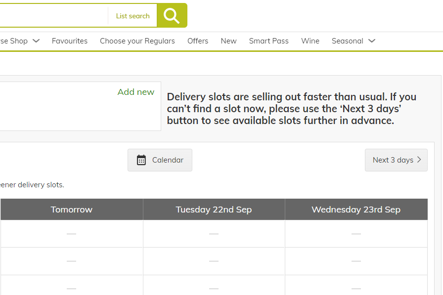 A notice on Ocado's delivery page warned slots were selling faster than usual (Ocado)