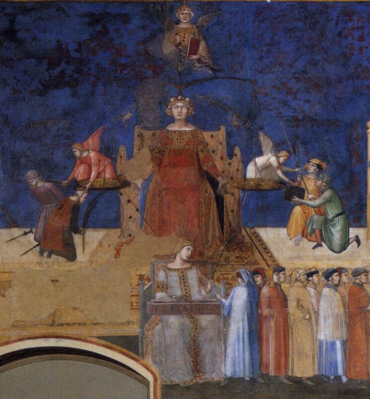 <span class="caption">Ambrogio Lorenzetti, Allegory of Good Government, Palazzo Pubblico, Siena.</span> <span class="attribution"><a class="link " href="https://commons.wikimedia.org/wiki/File:Ambrogio_Lorenzetti_-_Allegory_of_the_Good_Government_(left_view,_detail)_-_WGA13485.jpg" rel="nofollow noopener" target="_blank" data-ylk="slk:Wikimedia Commons;elm:context_link;itc:0;sec:content-canvas">Wikimedia Commons</a>, <a class="link " href="http://creativecommons.org/licenses/by-nc-nd/4.0/" rel="nofollow noopener" target="_blank" data-ylk="slk:CC BY-NC-ND;elm:context_link;itc:0;sec:content-canvas">CC BY-NC-ND</a></span>